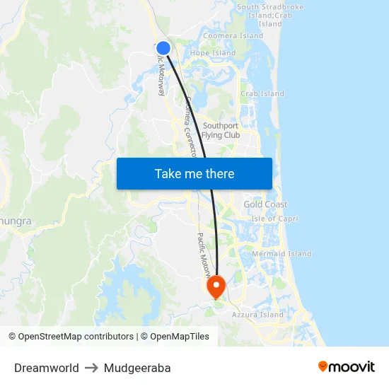 Dreamworld to Mudgeeraba map