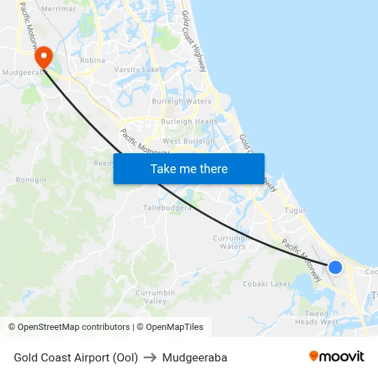 Gold Coast Airport (Ool) to Mudgeeraba map