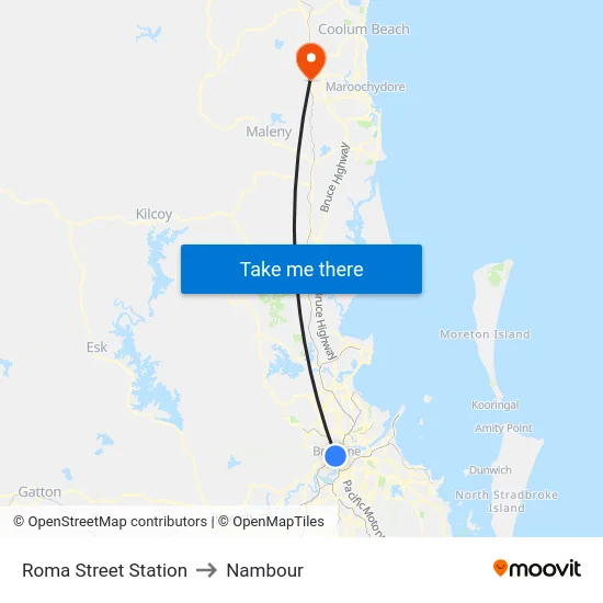 Roma Street Station to Nambour map