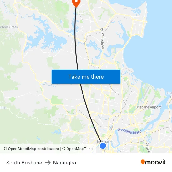 South Brisbane to Narangba map