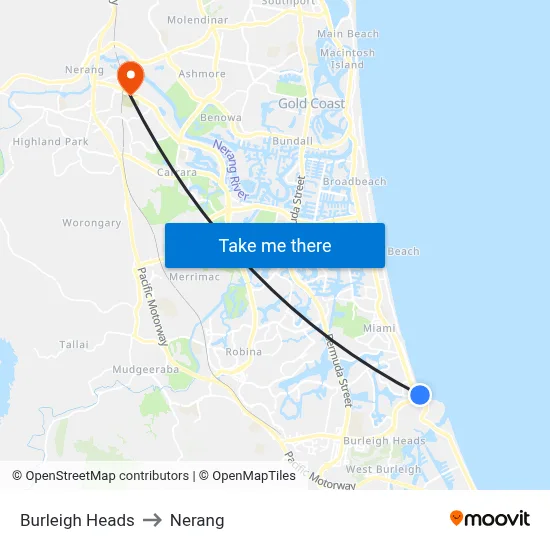 Burleigh Heads to Nerang map