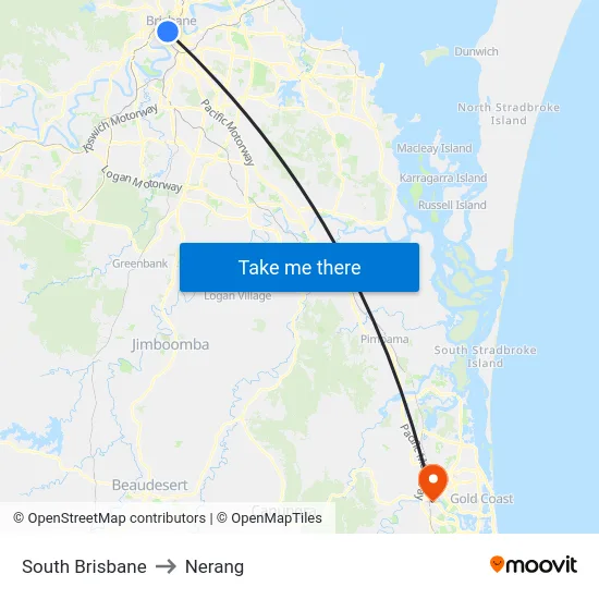 South Brisbane to Nerang map