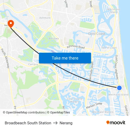 Broadbeach South Station to Nerang map