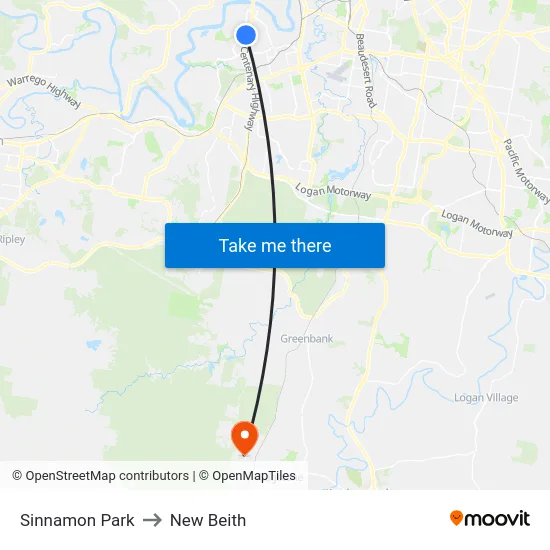 Sinnamon Park to New Beith map