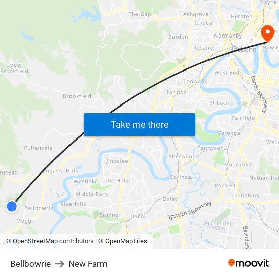 Bellbowrie to New Farm map