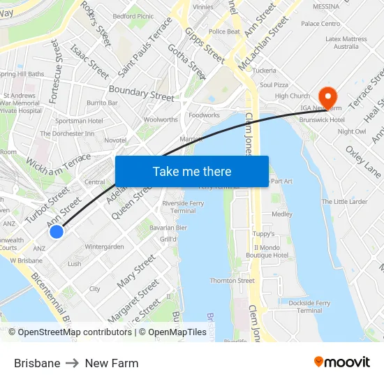 Brisbane to New Farm map