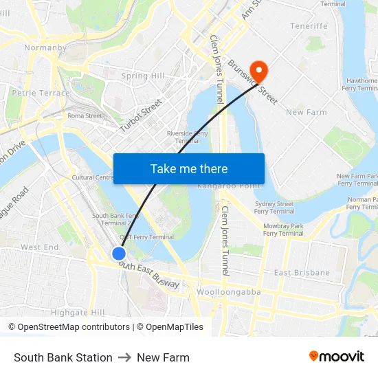 South Bank Station to New Farm map