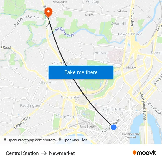 Central Station to Newmarket map