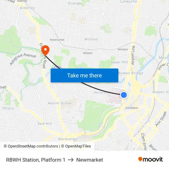 RBWH Station, Platform 1 to Newmarket map
