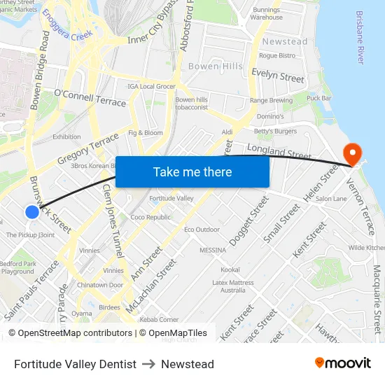 Fortitude Valley Dentist to Newstead map