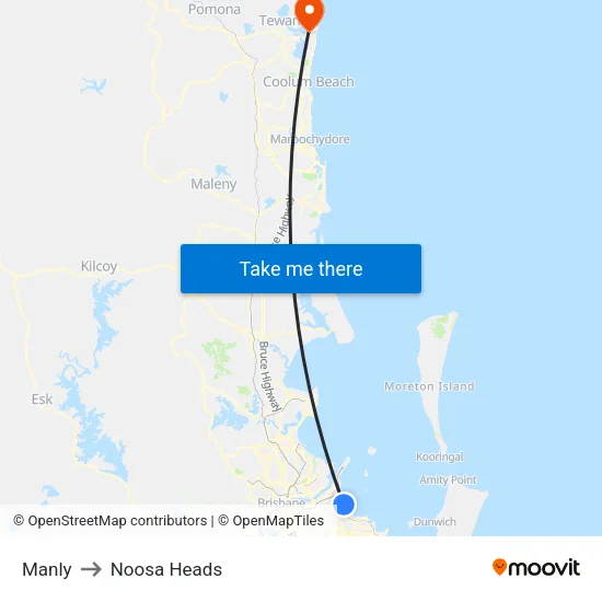 Manly to Noosa Heads map
