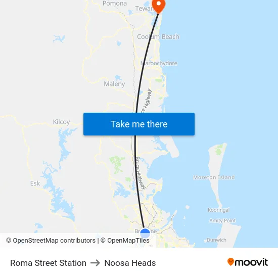 Roma Street Station to Noosa Heads map