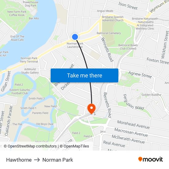 Hawthorne to Norman Park map
