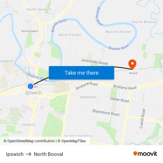 Ipswich to North Booval map