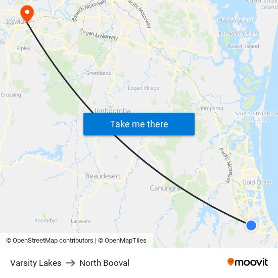 Varsity Lakes to North Booval map