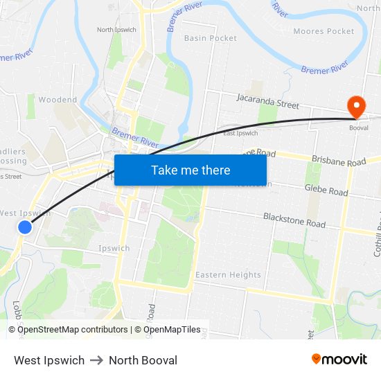 West Ipswich to North Booval map