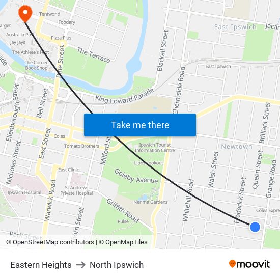 Eastern Heights to North Ipswich map