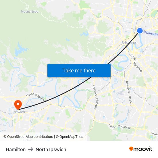 Hamilton to North Ipswich map