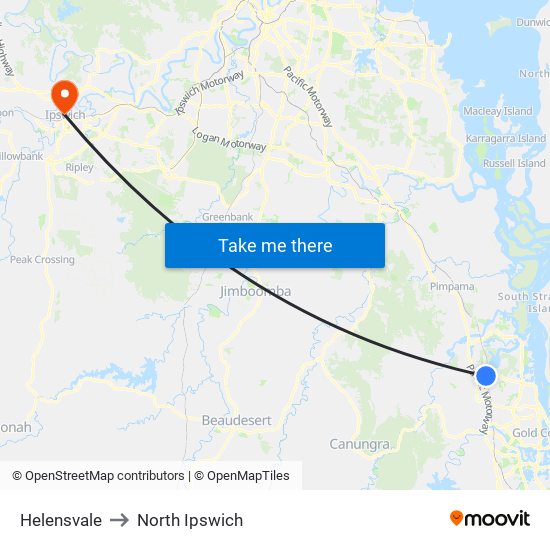 Helensvale to North Ipswich map