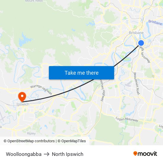 Woolloongabba to North Ipswich map