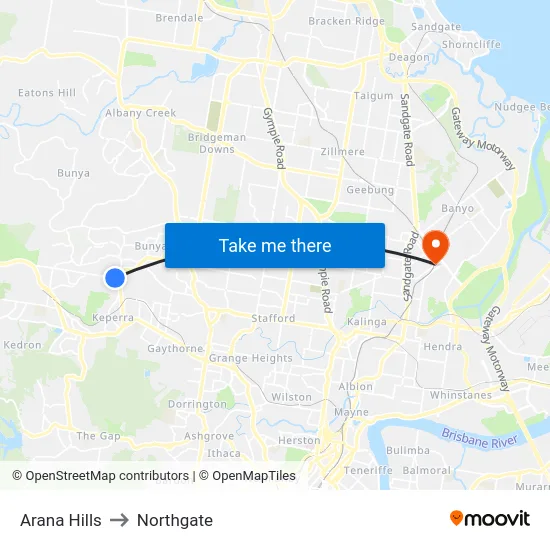 Arana Hills to Northgate map