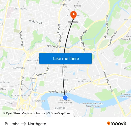 Bulimba to Northgate map