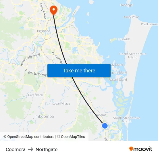Coomera to Northgate map