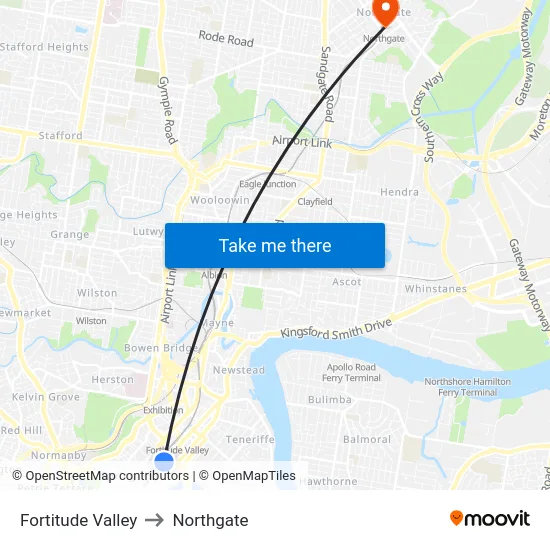 Fortitude Valley to Northgate map