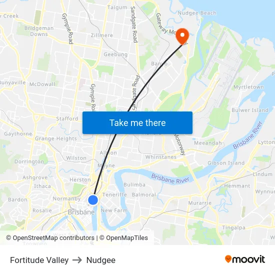 Fortitude Valley to Nudgee map
