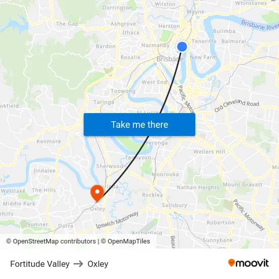Fortitude Valley to Oxley map