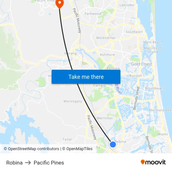 Robina to Pacific Pines map