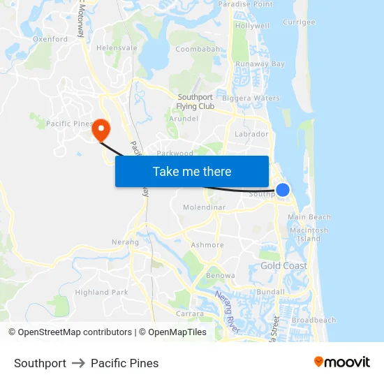 Southport to Pacific Pines map