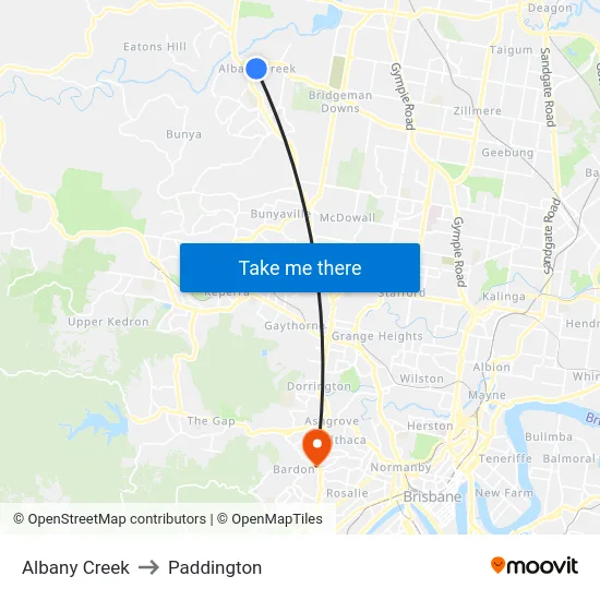 Albany Creek to Paddington map