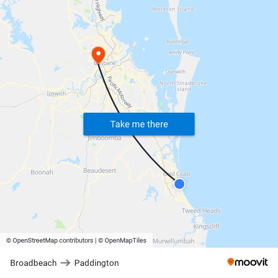 Broadbeach to Paddington map