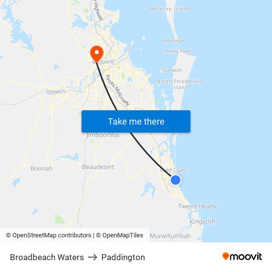 Broadbeach Waters to Paddington map