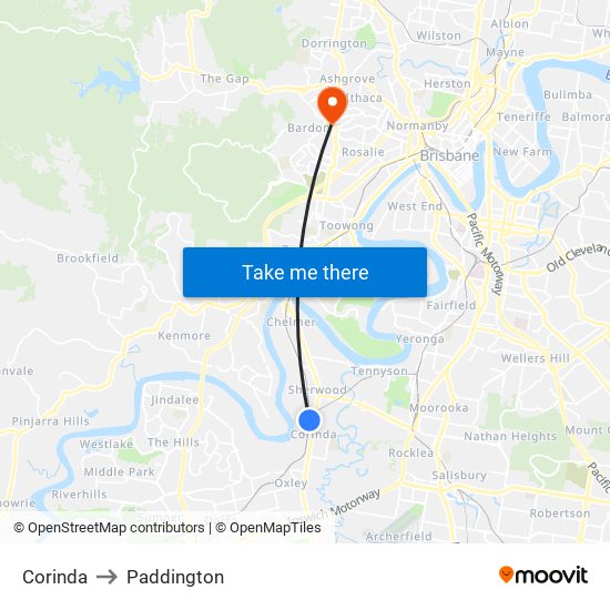 Corinda to Paddington map