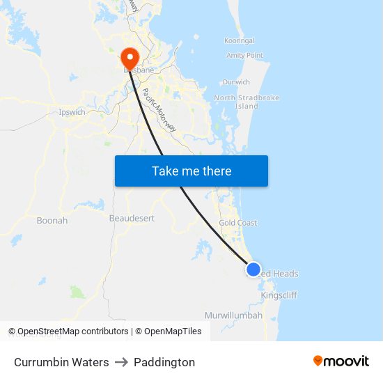 Currumbin Waters to Paddington map