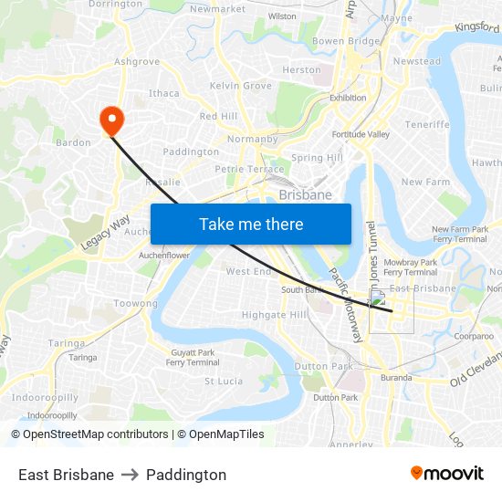 East Brisbane to Paddington map