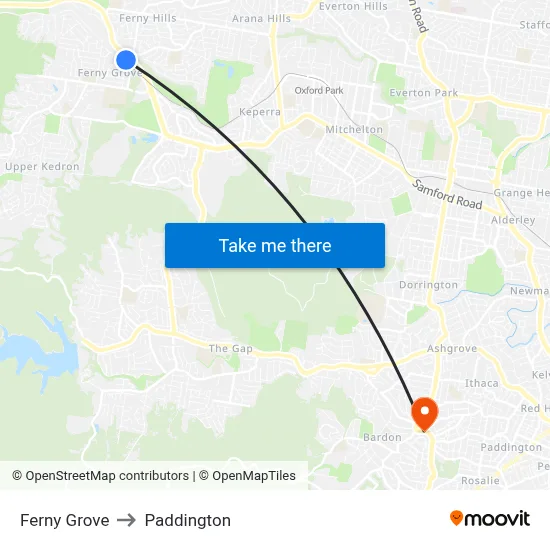 Ferny Grove to Paddington map