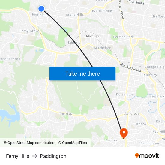 Ferny Hills to Paddington map