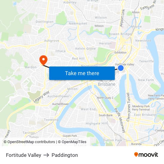 Fortitude Valley to Paddington map