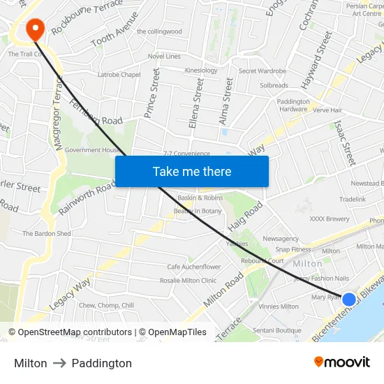 Milton to Paddington map