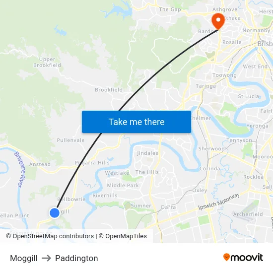 Moggill to Paddington map