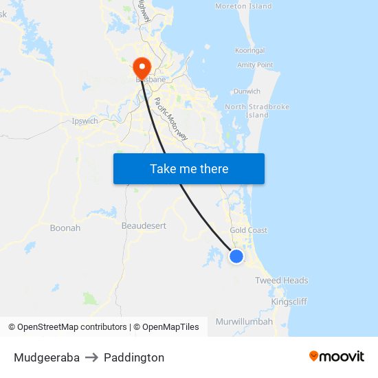 Mudgeeraba to Paddington map