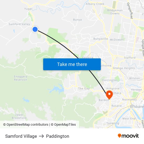 Samford Village to Paddington map