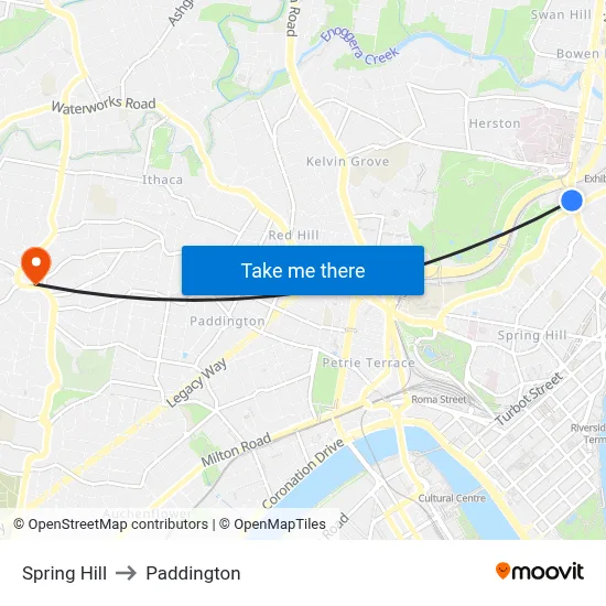 Spring Hill to Paddington map