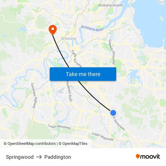 Springwood to Paddington map