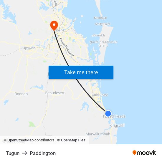 Tugun to Paddington map