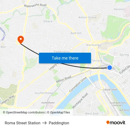 Roma Street Station to Paddington map