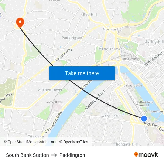 South Bank Station to Paddington map